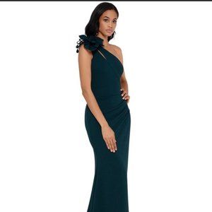 XSCAPE Embellished Floral One-Shoulder Gown in Pine Green